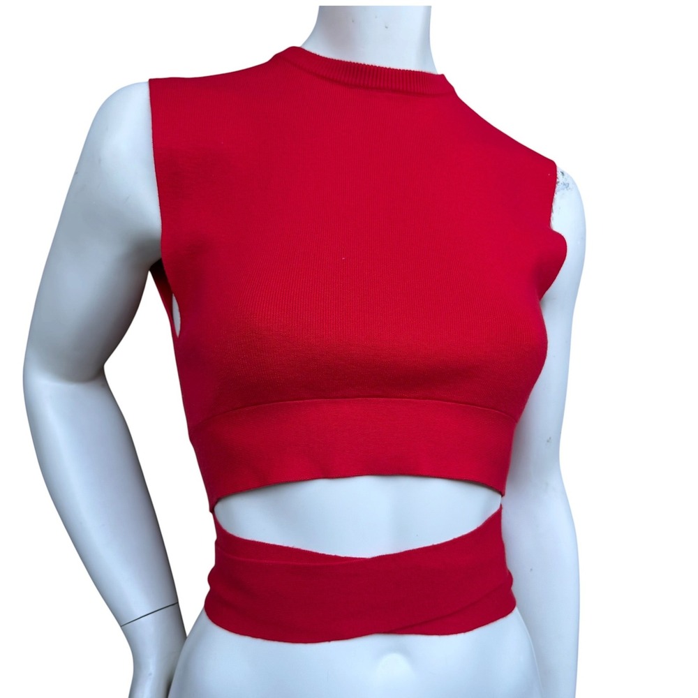 Oak + Fort Knit Cherry Red Crop Top Wrap Style Open Back Minimalist Balletcore S